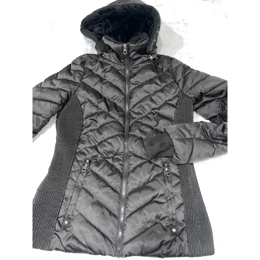 Nautica Womens Black Chevron Puffer Jacket Water Resistant Detachable Hood XS